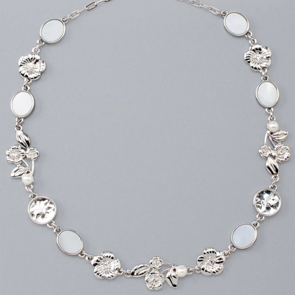 WHBM Silvertone & GENUINE Mother-Of-Pearl MOP Floral Single-Strand Neclace